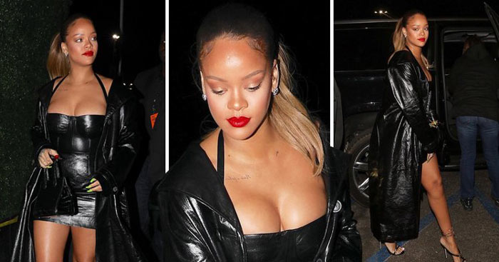 Rihanna porte robe courte sexy noire avec sandales à talon haut