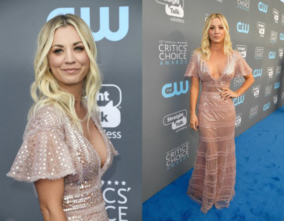 Kaley Cuoco rayonnante dans une robe de cocktail sexy décolleté en V plongenant