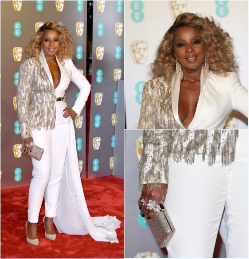 costume bicolore avec manche longue Mary J. Blige aux Baftas 2019