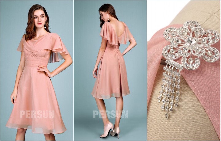 robe de cocktail rose courte ligne A avec cape taille plissé