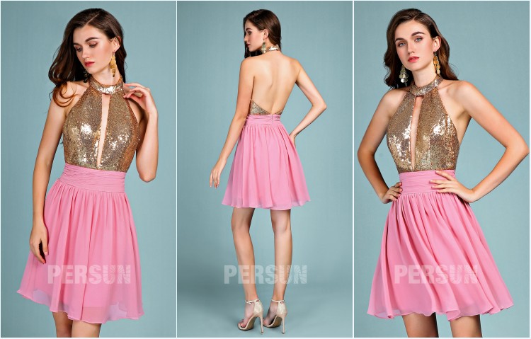 robe de soirée courte dos nu haut en sequin 2019