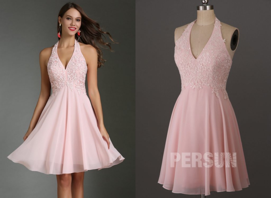 robe de cocktail courte sexy rose col américain haut en dentelle appliquée en mousseline