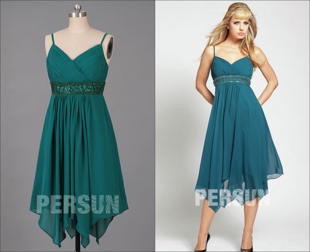 robe de cocktail courte verte portefeuille bustier plissé col v et jupe irrégulière taille ornée de sequins