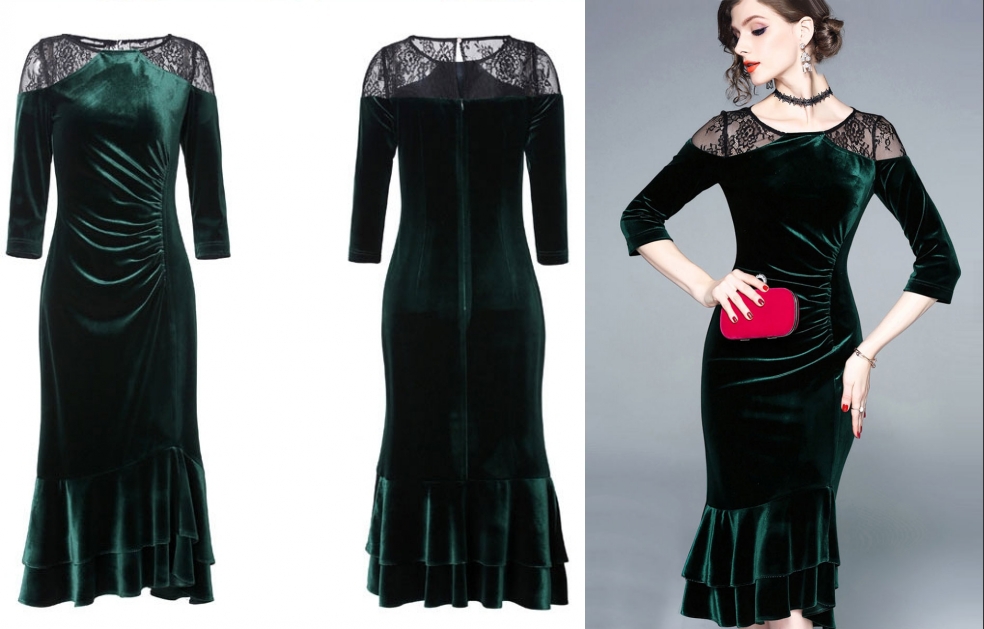 robe de cocktail courte vert sirène en dentelle exquise noire en velours à manches courtes