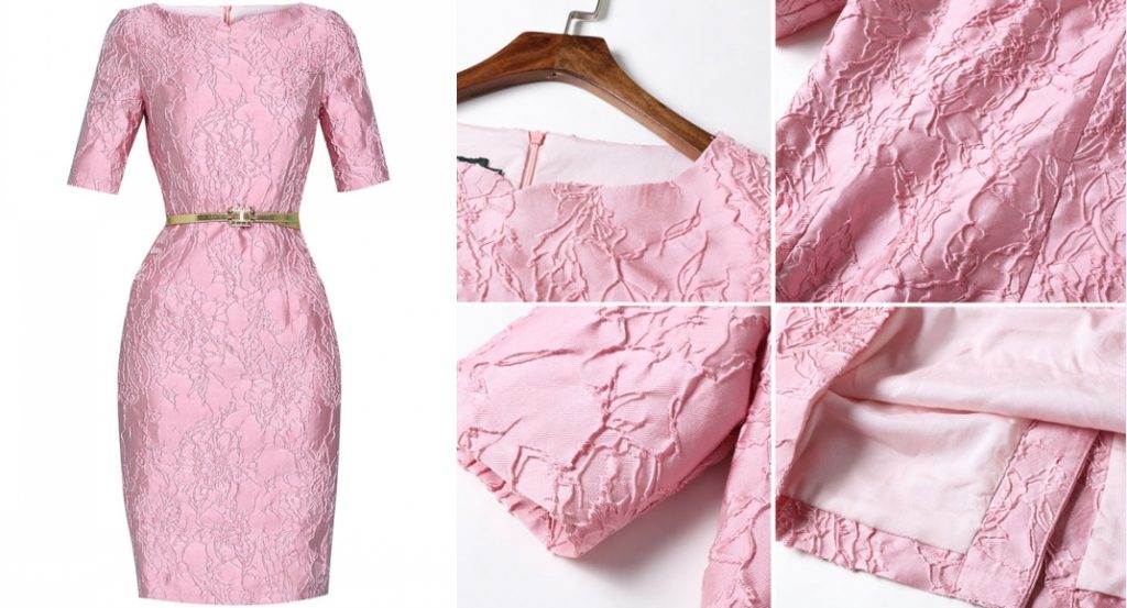 robe de cocktail rose courte en jacquard exquise avec ceinture dorée et manches courtes