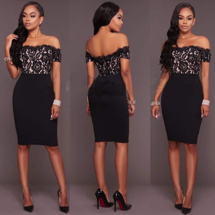 robe de cocktail noire moulante épaule dénudé en dentelle