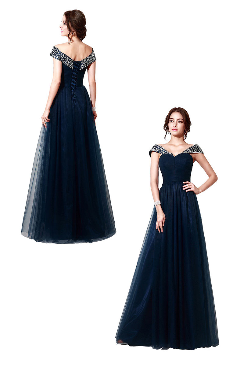 robe de bal bleu marine longue épaule dénudée