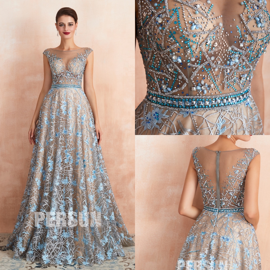 robe de bal sexy transparent embelli de bijoux en dentelle florale bleue