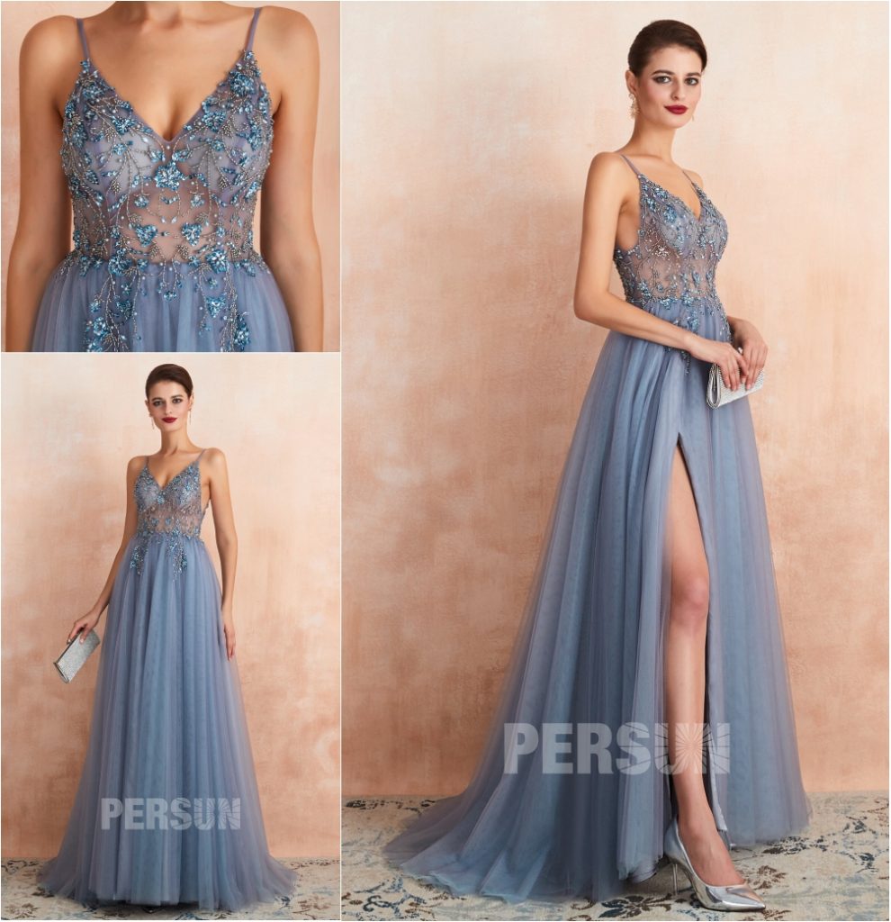 robe de soirée longue fendue bleu parme fendue ornée de strass exquis bretelle fine