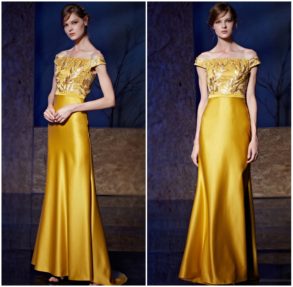 robe longue jaune dorée épaule degagée à haut floral brodé