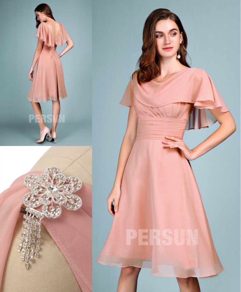 robe cocktail rose courte avec cape drapé dos échancré