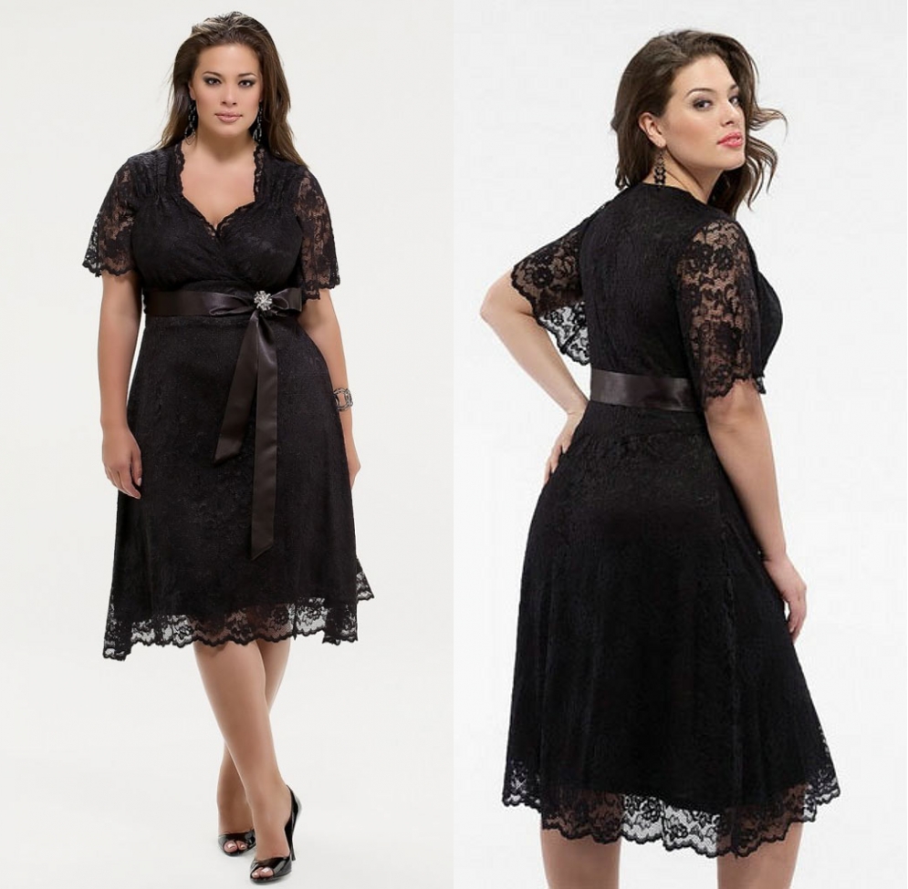 robe cocktail courte grande taille noire dentelle avec manches courtes