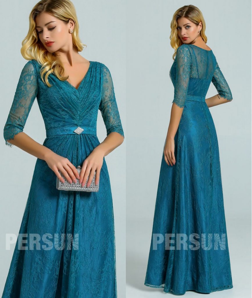 robe longue dentelle vert pin col v pour invitée mariage avec manches