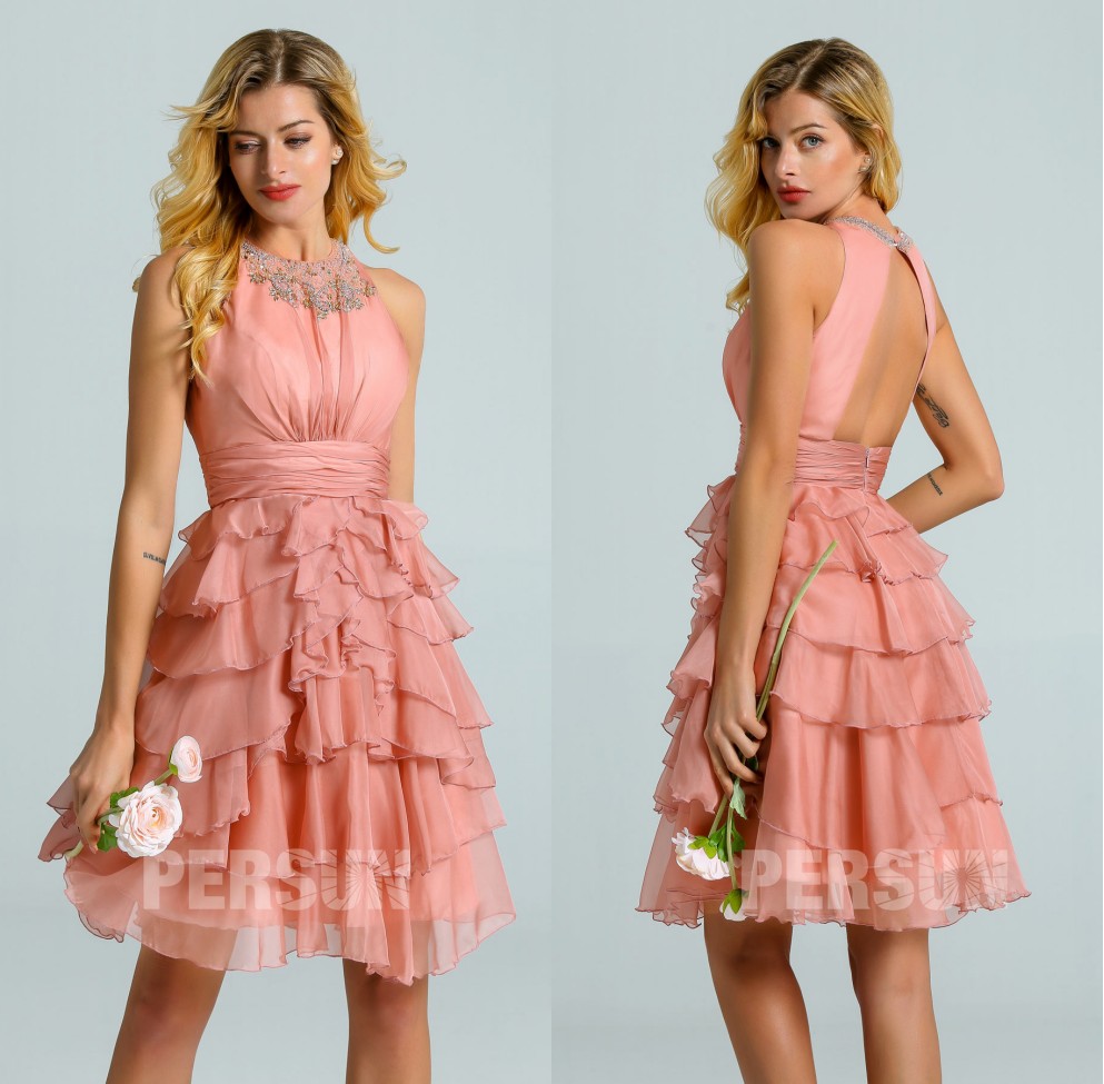 robe bal de promo courte rose saumon à dos ouvert jupe volants