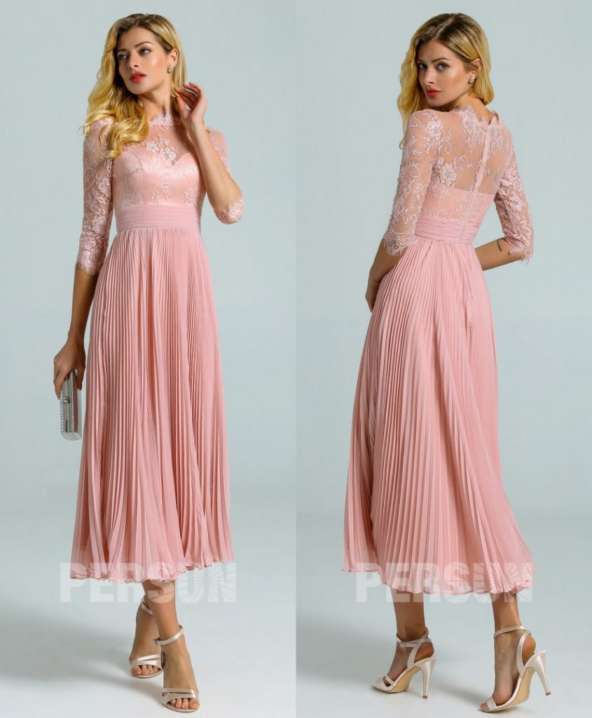 robe cocktail midi rose chair haut dentelle avec manches à jupe plissée