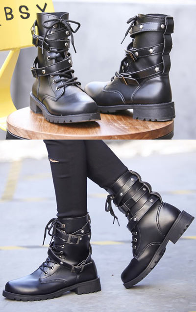 bottines femme motardes noires à lacets plateforme avec rivets