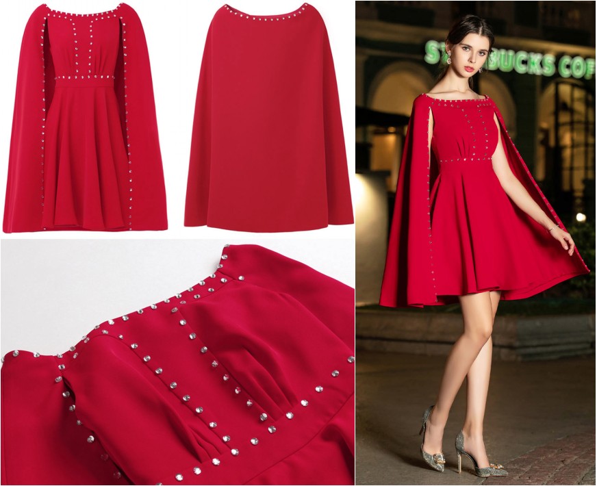 robe de cocktail courte rouge col bateau embelli de strass avec cape