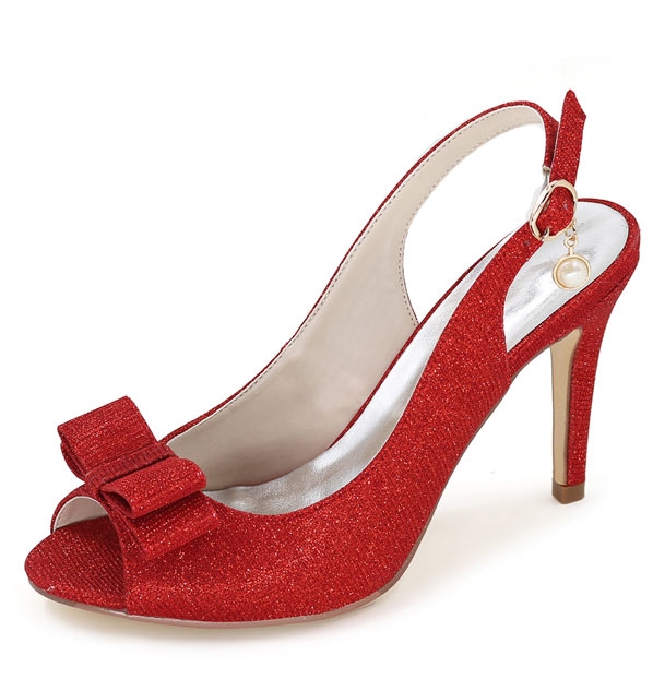 slingback rouge en paillettes talon haut bout ouvert ornée de noeud papillon