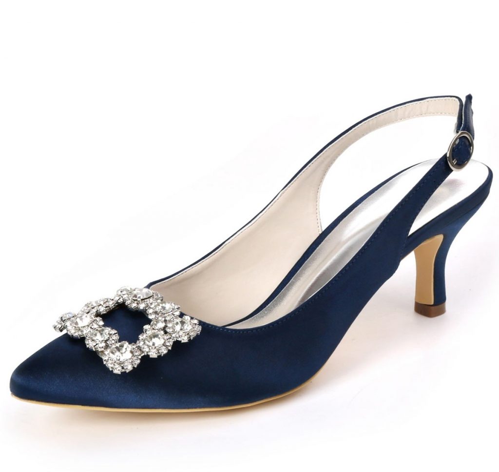 slingback bleu nuit ornée de bijoux à petit talon