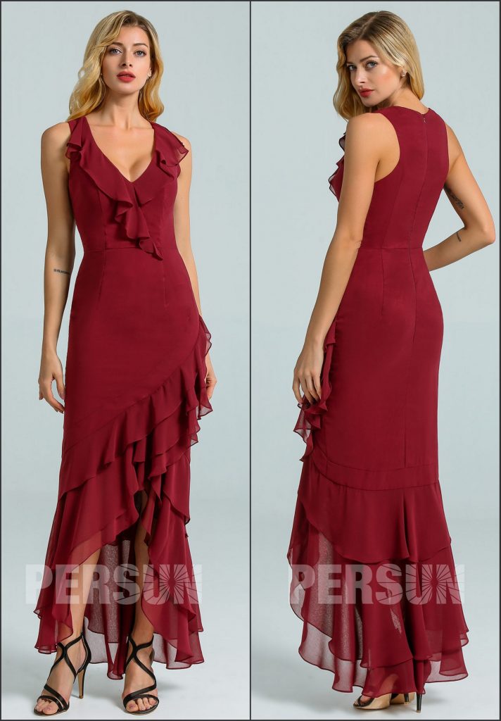 Robe cocktail court devant long arrière mousseline bordeaux asymétrique à volant