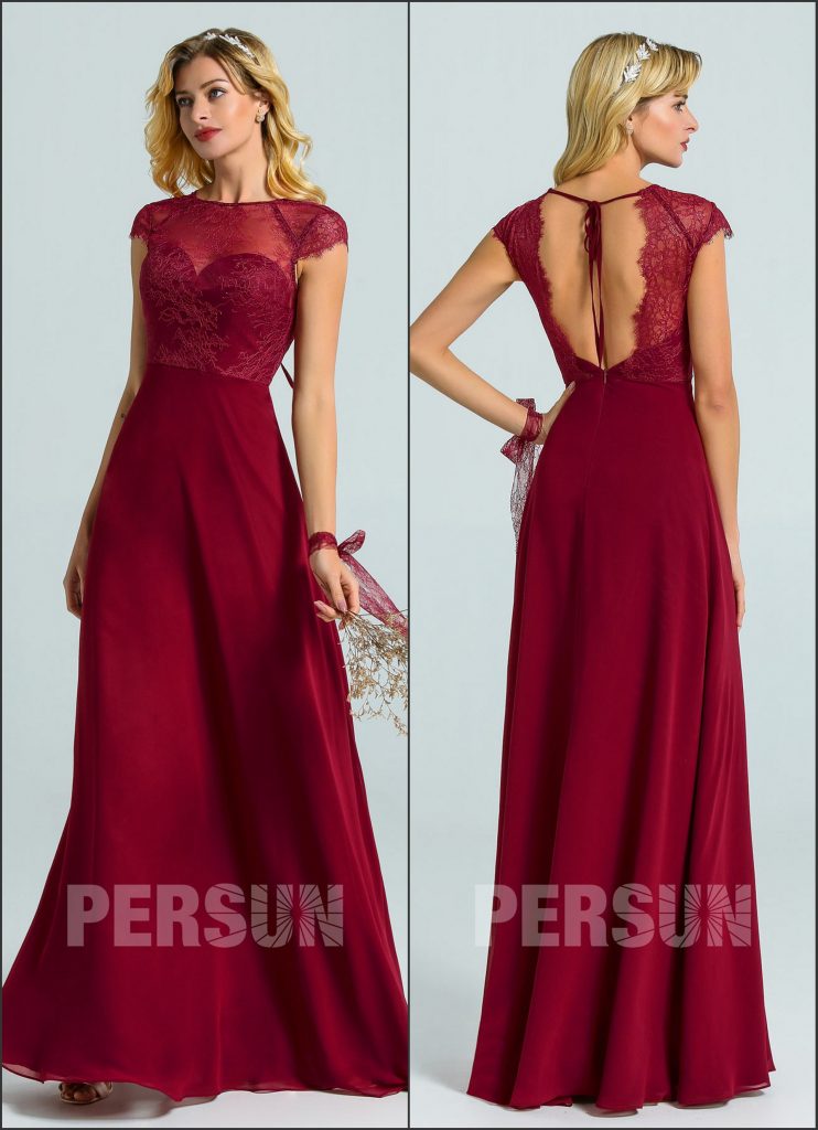 Robe témoin de mariage longue bordeaux chic haut dentelle avec mancherons feston ligne A