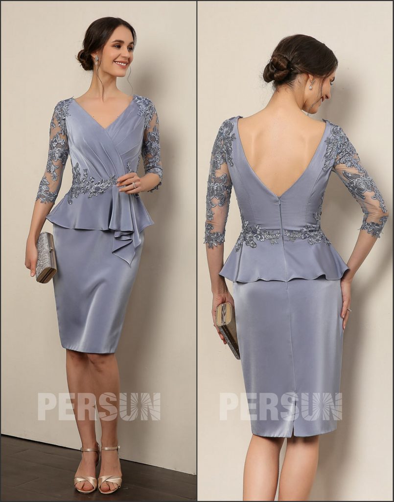 Robe de cocktail courte bleu élégant col en V dos nu en dentelle avec manches mi-longue