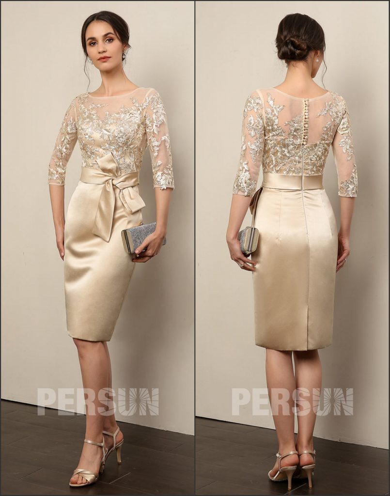 Robe de cocktail fourreau champagne avec ceinture