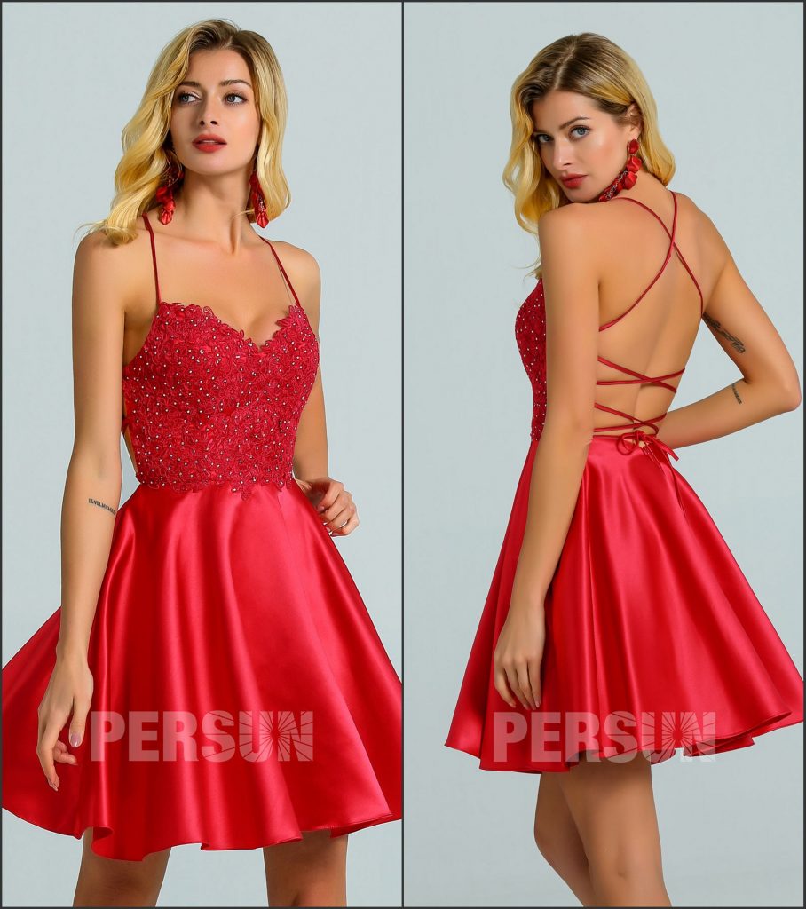 Robe de soirée rouge sexy courte avec bretelles croisées dos nu