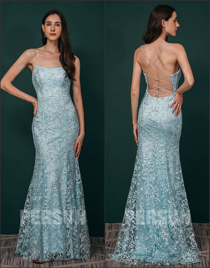 Robe de cocktail longue bleu sirène avec bretelles croisées dos nu en dentelle