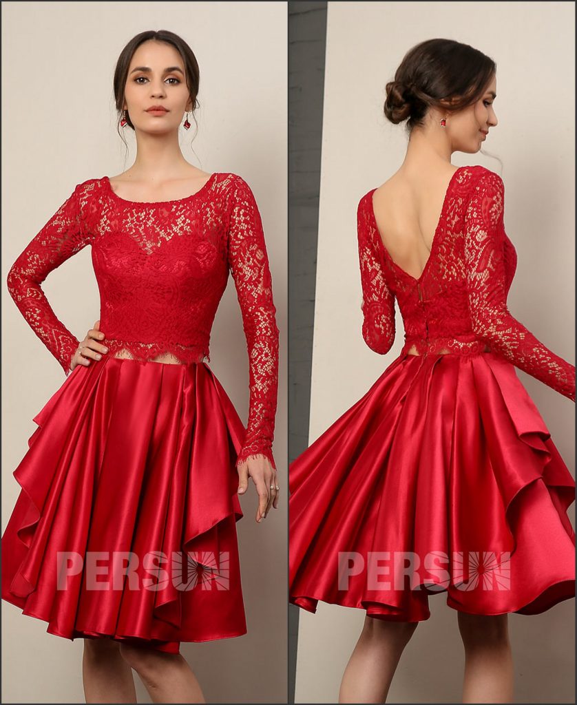 Robe de cocktail courte rouge deux pièces haut en dentelle avec manches longues dos V