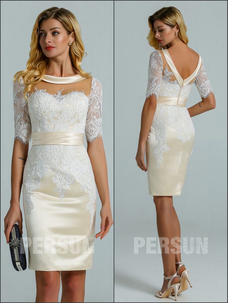 Robe de cocktail courte fourreau champagne en dentelle avec manches mi-longue