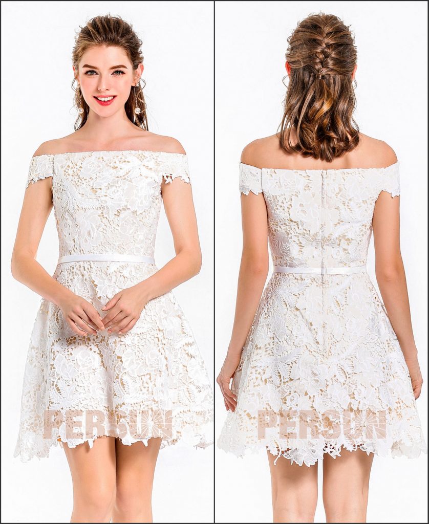 Robe de cocktail courte ligne A en dentelle épaules dénudées blanche