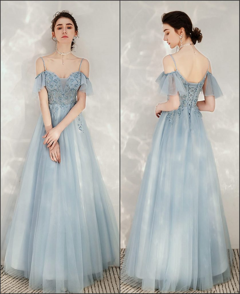 Robe de cocktail longue bleue ligne A jupe en tulle avec bretelles dos nu manches courtes à volants