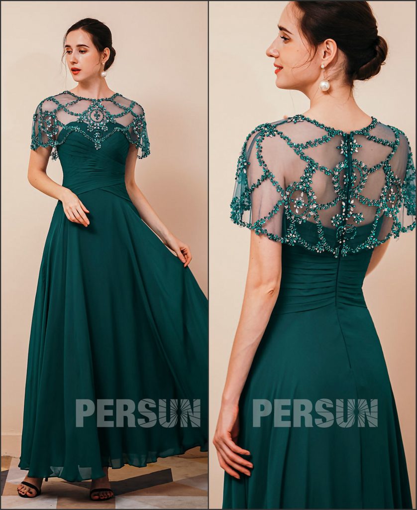 Robe de cocktail longue verte empire bustier avec cape ornée de strass