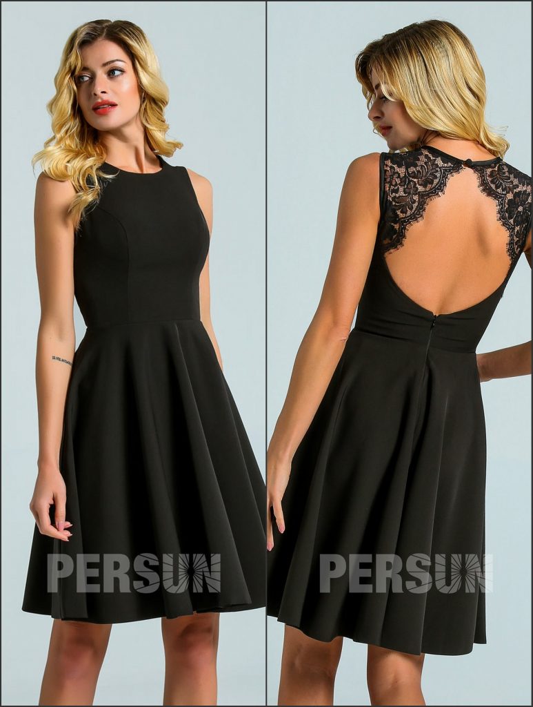 Robe de cocktail courte ligne A noire en jersey encolure ronde dos ouvert