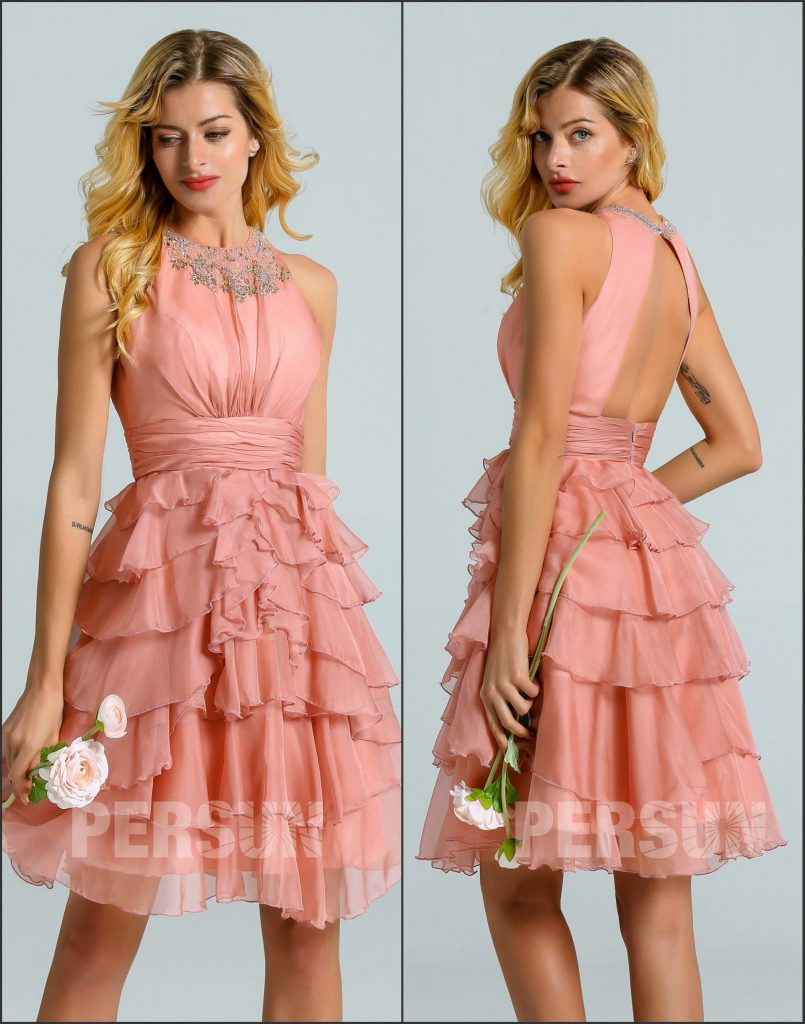 Robe cocktail courte rose saumon à dos ouvert jupe volants ligne A