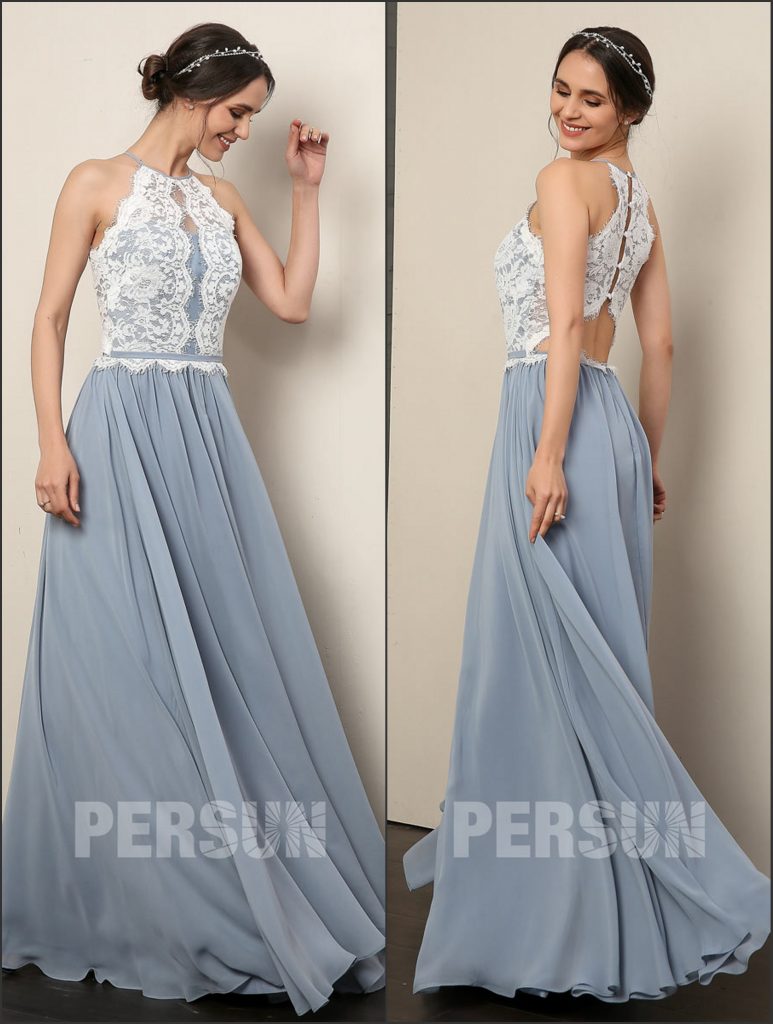 Robe de soirée bleu serenity col halter haut en dentelle