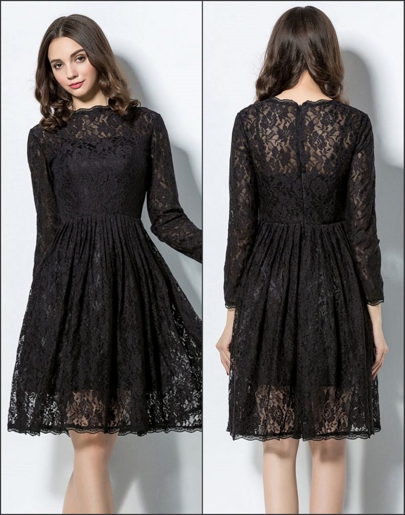 Robe de cocktail courte ligne A noire en dentelle avec manches longues encolure ronde