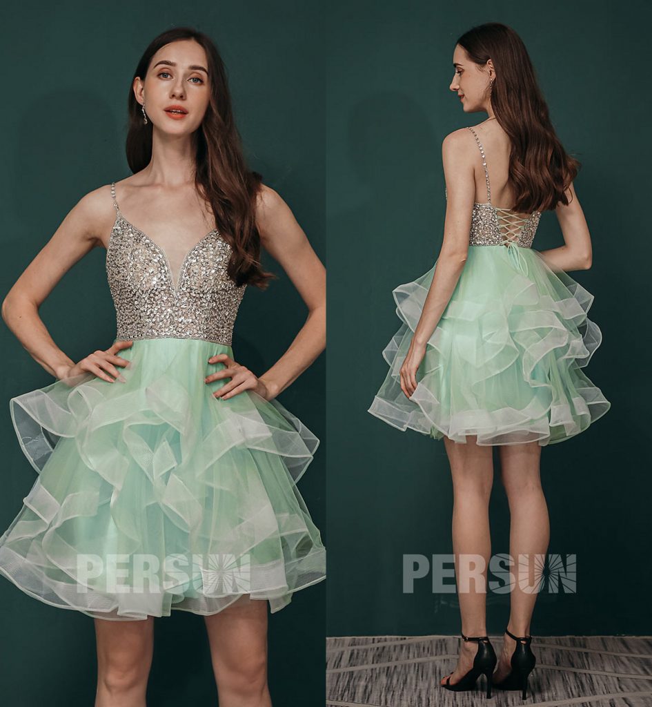 Robe de bal courte vert eau à jupe volants effet fantaisie ligne A