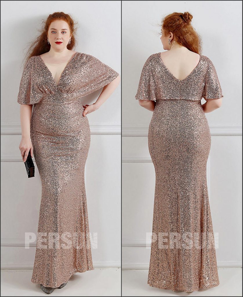 Robe de soirée grande taille champange avec manche cape col en V