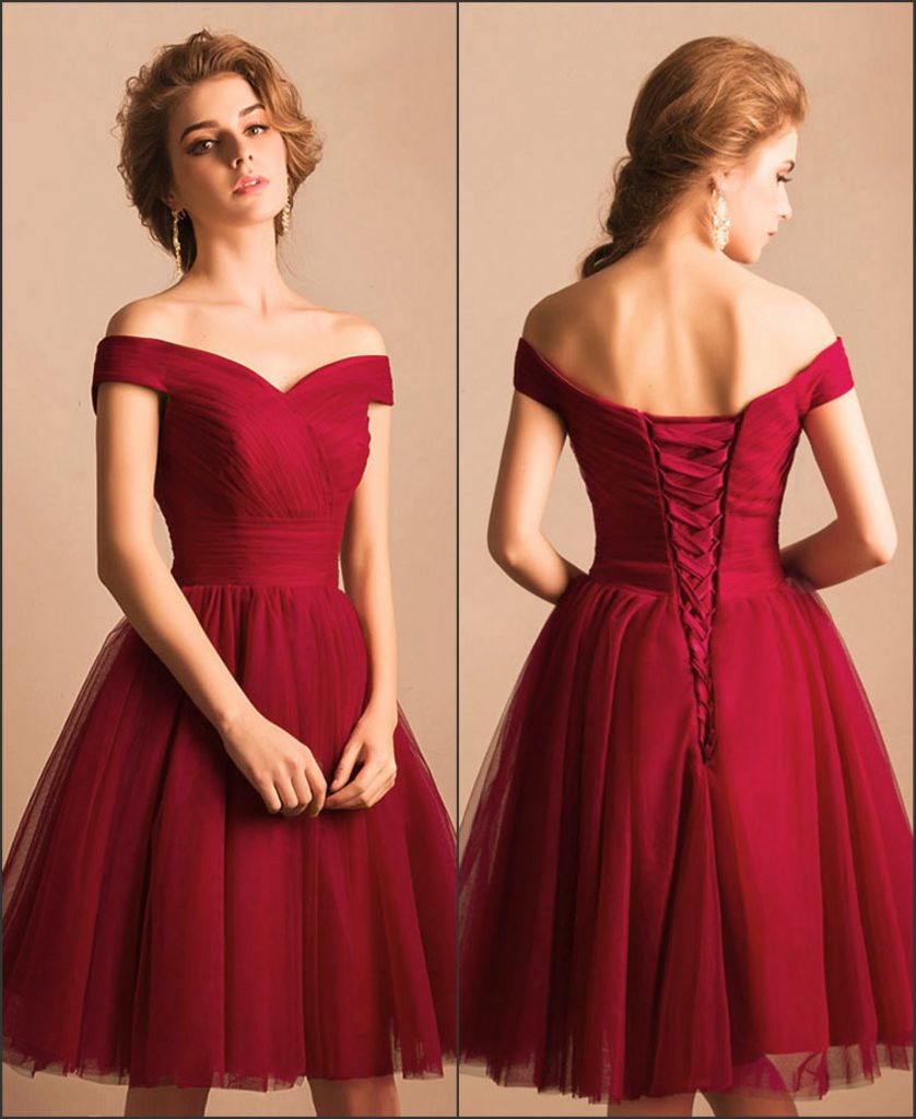 Robe de soirée rouge décolleté bardot rétro courte au genou en tulle