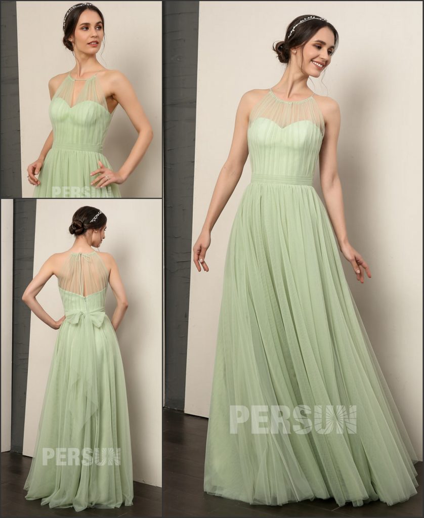 Robe longue tulle vert clair encolure convertible jupe évasée ligne A